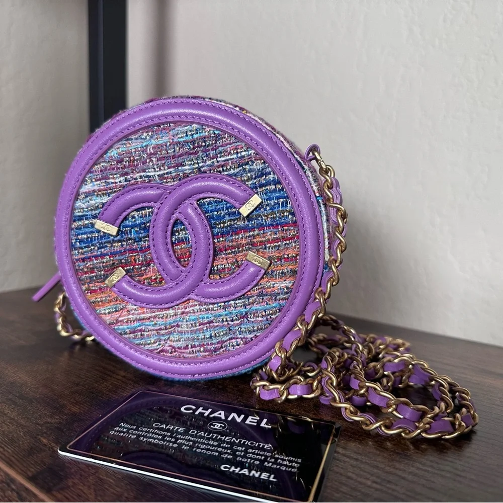 Authentic New Chanel Filigree Purple Multicolor Tweed Round Crossbody Bag - Picture 8 of 12
